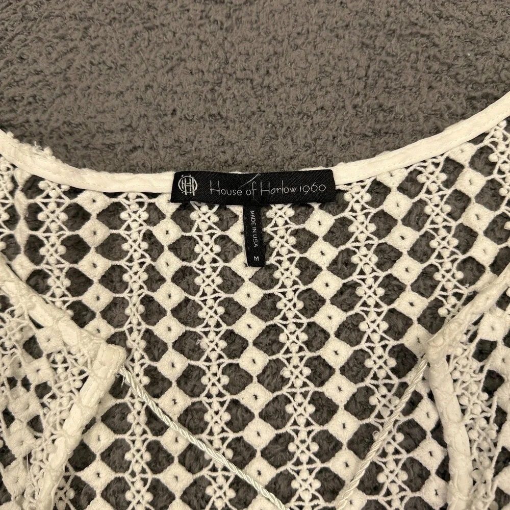 House of Harlow 1960 Shirt Womens Medium Silk Sheer Crochet Tassel Boho Fairy - Picture 2 of 12